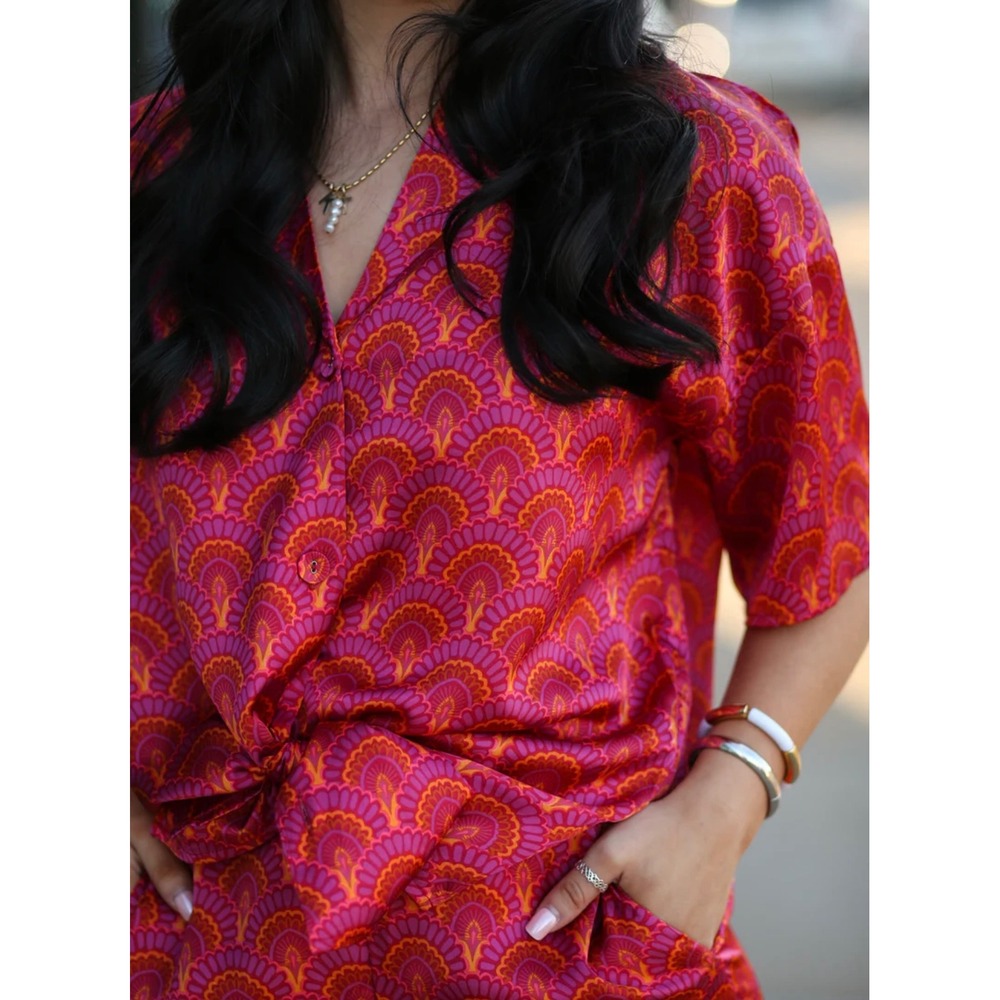 KARLIE Fuchsia Orange Fan Print Short Sleeve Collared Button Up Shirt Top Small